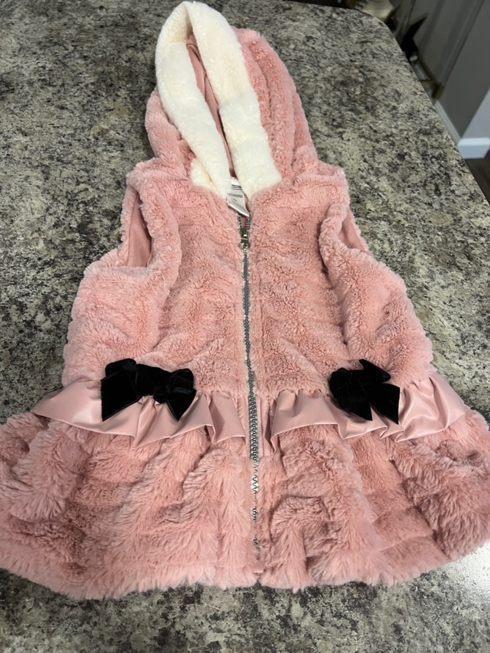 Little Lass Pink Faux Fur Hooded Vest with Black Bows